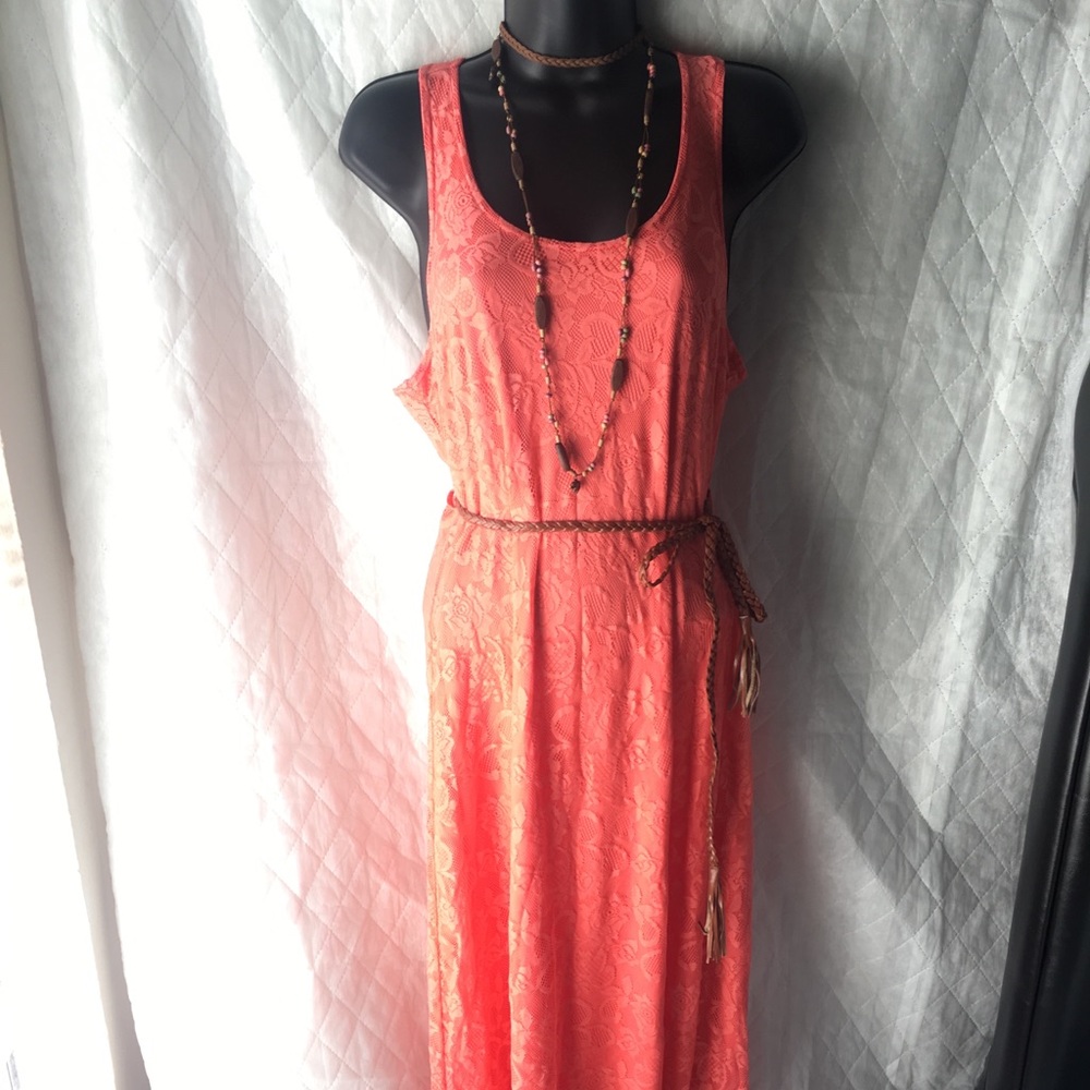 No Boundaries Crochet Coral Long  Maxi Dress
